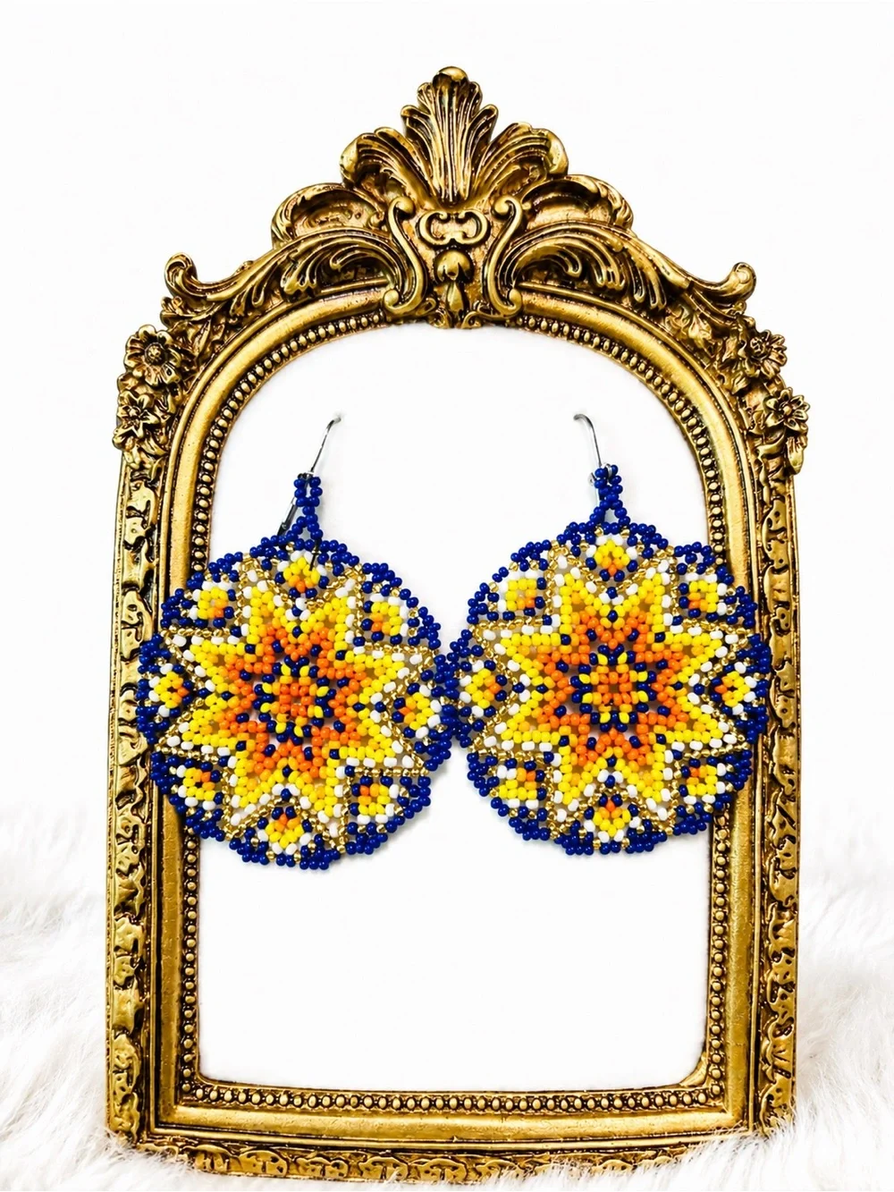 Handmade Blue, Yellow & Orange Beaded Mandala earrings